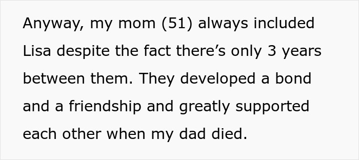 Text excerpt about a woman’s mom and Lisa forming a bond and supporting each other after the dad died.