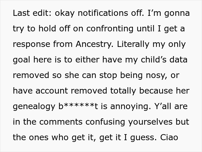 Text message about stopping a nosy mother by removing child's data from ancestry tests to end genealogy issues.
