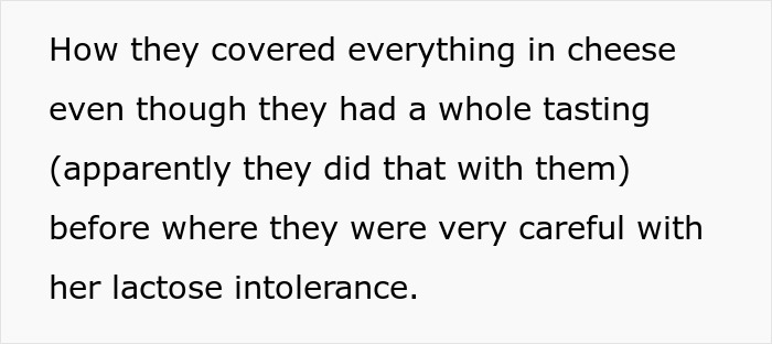 Text describing wedding vendors failing to accommodate bride’s allergy, leaving her without cupcakes due to lactose intolerance. Text describing wedding vendors failing to accommodate bride’s allergy, leaving her without cupcakes due to lactose intolerance.