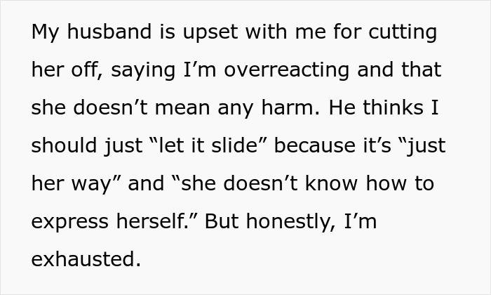 ALT text: Text about husband upset with DIL for cutting off rude MIL after years of bad behavior and feeling it's too far ALT text: Text about husband upset with DIL for cutting off rude MIL after years of bad behavior and feeling it's too far