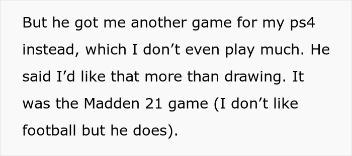Text excerpt from a teen telling dad about a cake fail and mentioning getting a PS4 game instead. Text excerpt from a teen telling dad about a cake fail and mentioning getting a PS4 game instead.