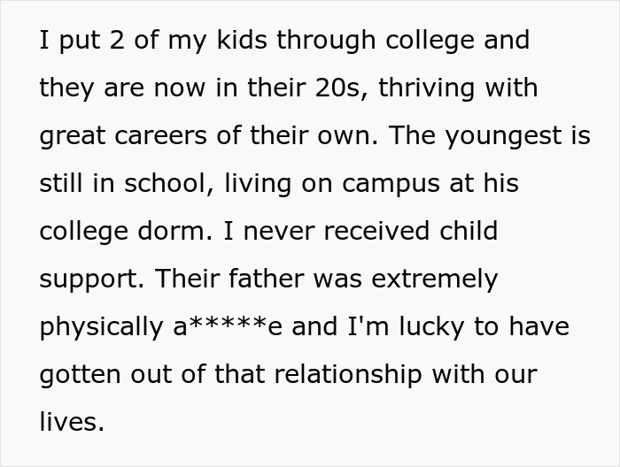 Text about putting kids through college and living without child support after leaving an abusive relationship related to financial favor loan. Text about putting kids through college and living without child support after leaving an abusive relationship related to financial favor loan.