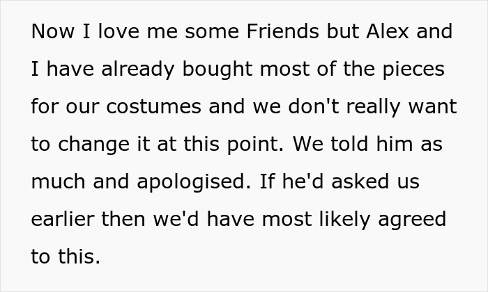 Text screenshot discussing costume choices and an apology related to masculinity so fragile during a Halloween event. Text screenshot discussing costume choices and an apology related to masculinity so fragile during a Halloween event.