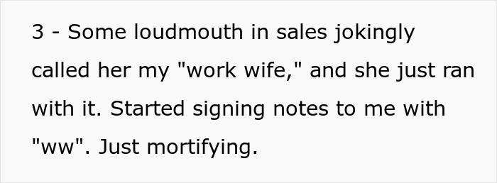 Text excerpt showing a man shuts down younger coworker flirt with a quote about a loudmouth in sales calling her work wife. Text excerpt showing a man shuts down younger coworker flirt with a quote about a loudmouth in sales calling her work wife.