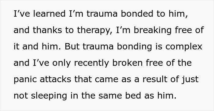 Text excerpt about a woman breaking free from trauma bonding in her marriage after disturbing confession and therapy. Text excerpt about a woman breaking free from trauma bonding in her marriage after disturbing confession and therapy.