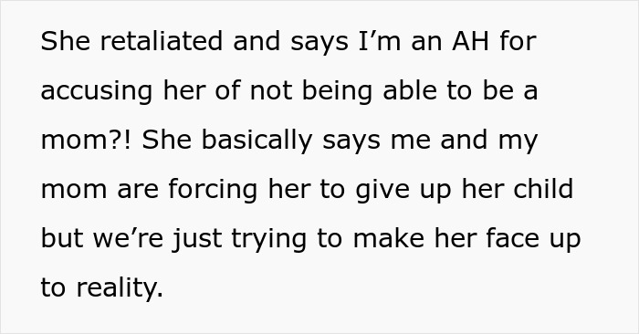 Text excerpt showing a woman accused of not being able to be a mom, discussing reality about giving up her child.