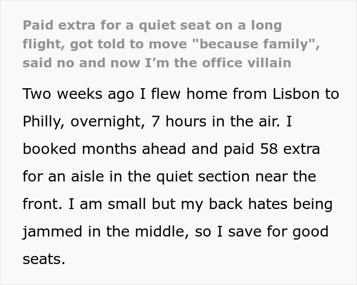 Woman refuses rude family’s plane seat swap attempt, coworkers label her a villain for standing her ground during flight dispute. Woman refuses rude family’s plane seat swap attempt, coworkers label her a villain for standing her ground during flight dispute.