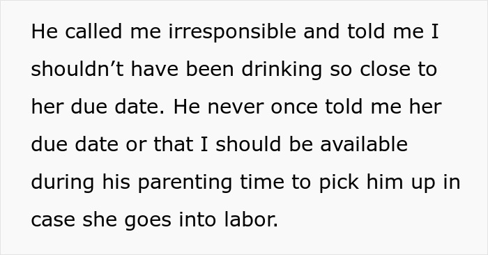 Text excerpt about a mom refusing to drive drunk to pick up her child amid an argument with her ex during his girlfriend’s labor.