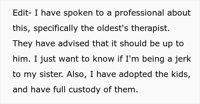 Text excerpt discussing a family dispute involving the ex-con mom, custody, and the oldest child's therapy advice. Text excerpt discussing a family dispute involving the ex-con mom, custody, and the oldest child's therapy advice.