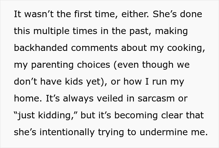 Text about rude MIL making sarcastic comments about cooking, parenting, and home, highlighting bad behavior and family tension. Text about rude MIL making sarcastic comments about cooking, parenting, and home, highlighting bad behavior and family tension.