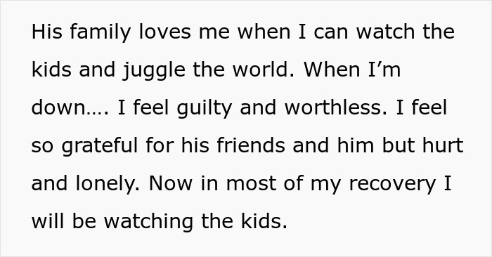 Text showing a woman’s struggle with no support while caring for two kids after surgery, feeling hurt and lonely.