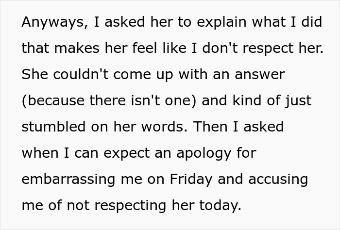 Text excerpt showing a conversation about respect and apology, highlighting coworker sensitive smells affecting washing hands.