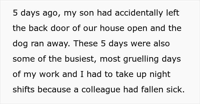 Text excerpt describing a son accidentally losing the dog while a manchild plays games and the wife plans console trash day. Text excerpt describing a son accidentally losing the dog while a manchild plays games and the wife plans console trash day.
