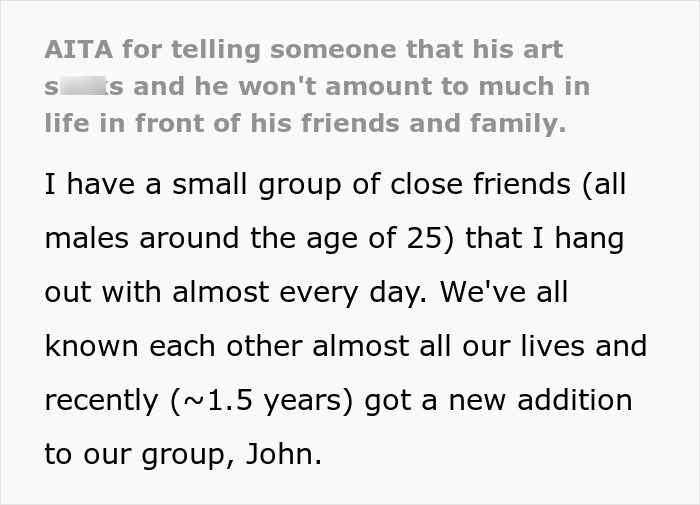 Text excerpt discussing a small group of friends and the impact of an annoying toxic friend photographer named John.
