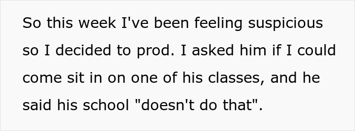 Text excerpt showing suspicion about a guy lying about attending medical school, causing tension in their relationship.