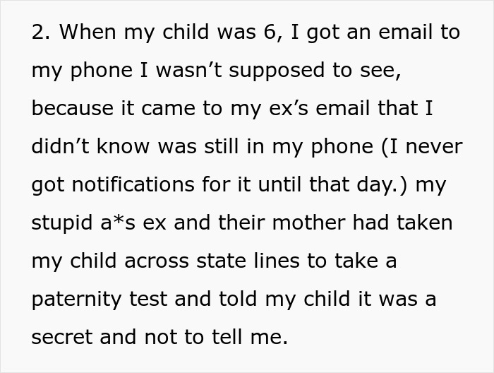 Text excerpt describing a nosy mother crossing boundaries by using ancestry tests involving the family and child.