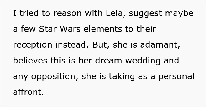 Text about bride insisting on Star Wars elements for her wedding, causing panicked brother to worry about surviving the Force. Text about bride insisting on Star Wars elements for her wedding, causing panicked brother to worry about surviving the Force.