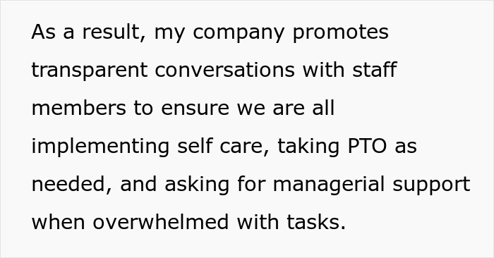 Text about company promoting transparent conversations and self care to address burnout and hostile work environment. Text about company promoting transparent conversations and self care to address burnout and hostile work environment.