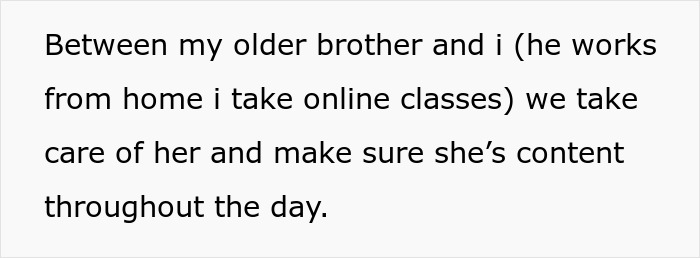 Text about taking care of grandma at home with help from brother, highlighting family caregiving responsibilities. Text about taking care of grandma at home with help from brother, highlighting family caregiving responsibilities.
