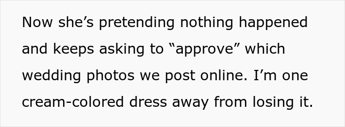 Mother-in-law tries to be the center of attention at wedding, leading to a forced outfit change before photos are approved. Mother-in-law tries to be the center of attention at wedding, leading to a forced outfit change before photos are approved.