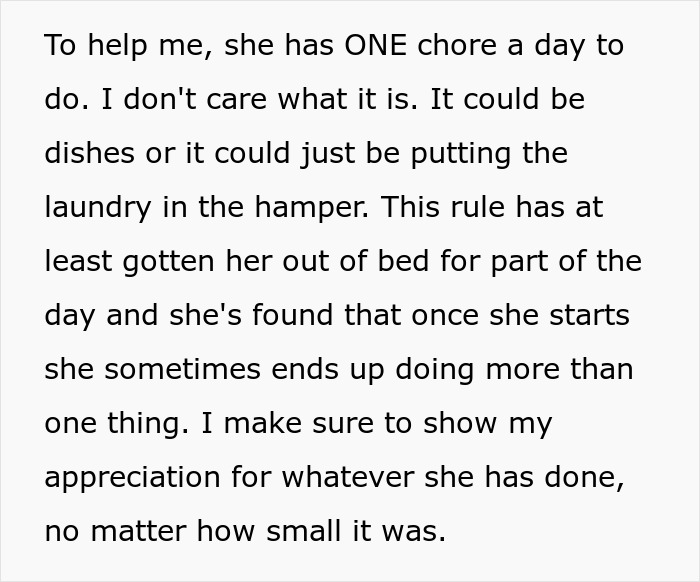 Text excerpt discussing chore routine and appreciation, focusing on depressed is not an excuse for being lazy mindset in relationships. Text excerpt discussing chore routine and appreciation, focusing on depressed is not an excuse for being lazy mindset in relationships.