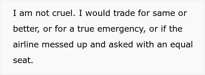 Text image showing a statement about refusing a seat swap despite rude family bullying on a plane. Text image showing a statement about refusing a seat swap despite rude family bullying on a plane.
