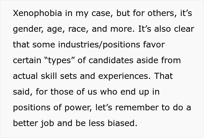 Text on a white background discussing xenophobia, bias in hiring based on race, gender, and age, and the need for fairness in job offers. Text on a white background discussing xenophobia, bias in hiring based on race, gender, and age, and the need for fairness in job offers.