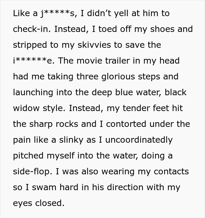 Woman embarrassingly tries to save elite military diver by jumping into water, struggling but determined to help him. Woman embarrassingly tries to save elite military diver by jumping into water, struggling but determined to help him.