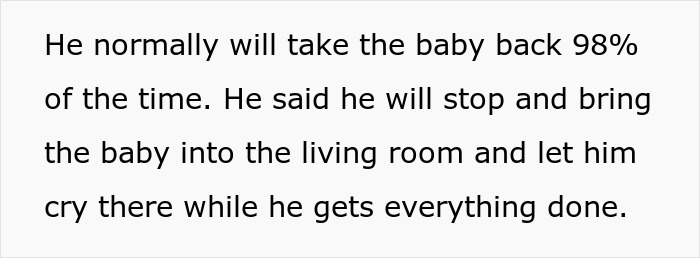 Text excerpt showing a husband refusing to feed the baby once a night, frustrating his burnt-out wife. Text excerpt showing a husband refusing to feed the baby once a night, frustrating his burnt-out wife.