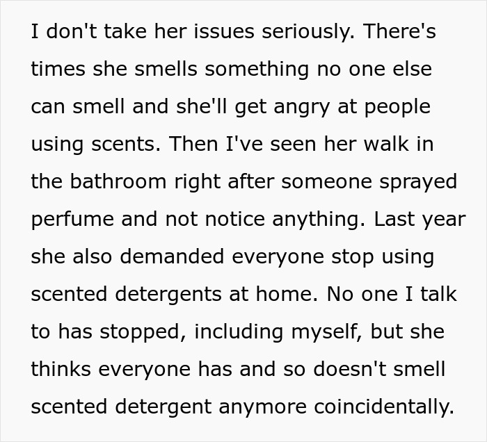 Text excerpt describing a coworker sensitive to smells who demands stopping use of scented detergents and washing hands.
