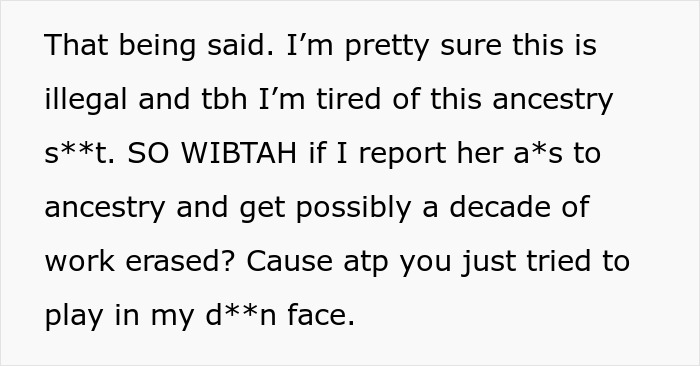 Text message expressing frustration about illegal actions related to ancestry tests and family conflicts. Text message expressing frustration about illegal actions related to ancestry tests and family conflicts.