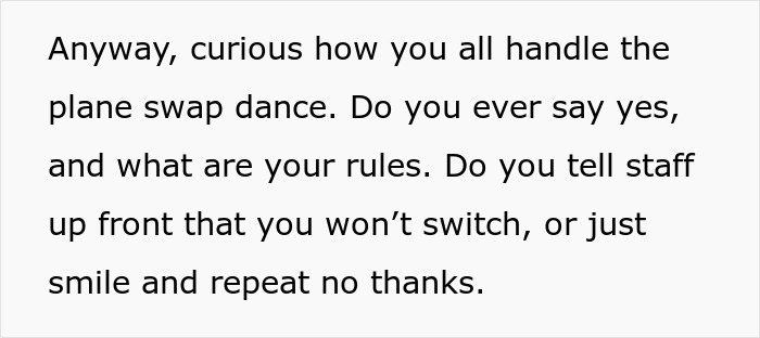 Text screenshot asking about handling plane seat swaps and rules on refusing or agreeing to switch seats. Text screenshot asking about handling plane seat swaps and rules on refusing or agreeing to switch seats.