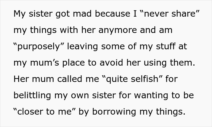 Text excerpt about a stepsister conflict involving using gifts without permission and setting personal boundaries.