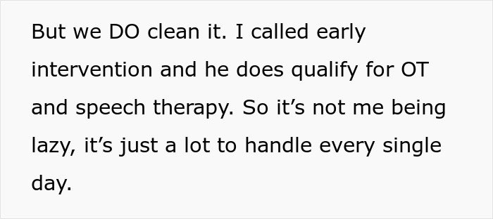 Text discussing an exhausted mom managing daily challenges while responding to criticism about her house not being spotless. Text discussing an exhausted mom managing daily challenges while responding to criticism about her house not being spotless.