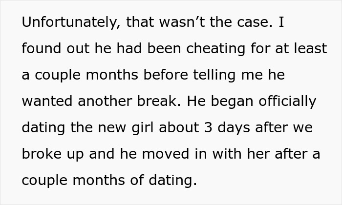 Text excerpt discussing relationship break, cheating, and dating timeline after breakup in a relationship break every year context. Text excerpt discussing relationship break, cheating, and dating timeline after breakup in a relationship break every year context.