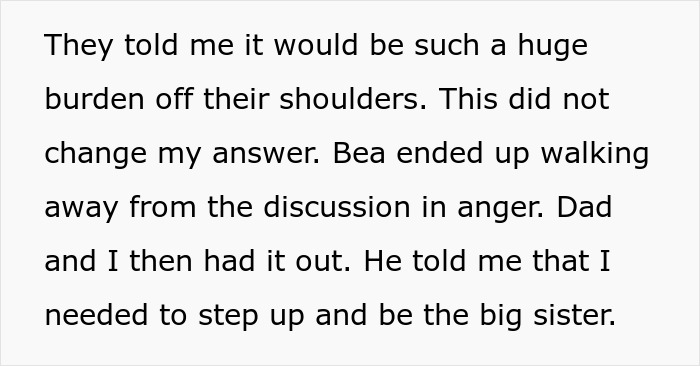 Text excerpt showing a conversation about preparing a 19-year-old for caregiver role for disabled stepsister, with tension. Text excerpt showing a conversation about preparing a 19-year-old for caregiver role for disabled stepsister, with tension.