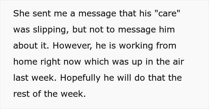 Text message discussing a slacker hubby working from home and neglecting care responsibilities after wife’s surgery. Text message discussing a slacker hubby working from home and neglecting care responsibilities after wife’s surgery.