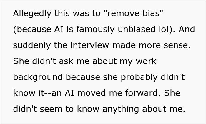 Text excerpt discussing AI-scored job interview real-time removing bias and affecting interview questions. Text excerpt discussing AI-scored job interview real-time removing bias and affecting interview questions.