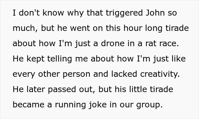 Text excerpt describing an annoying toxic friend photographer going on a long tirade about creativity and conformity.