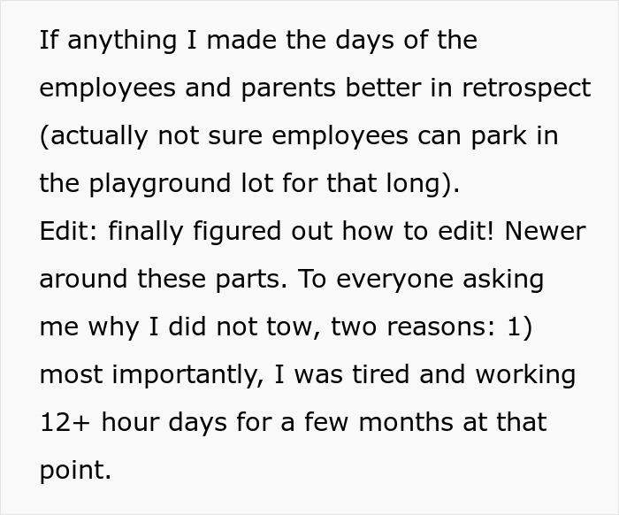 Text excerpt discussing a daycare manager and parking lot chaos related to towing a car at the parking lot.