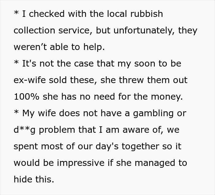 Text excerpt about a wife under fire for throwing away husband's Pokémon card collection amid marriage issues. Text excerpt about a wife under fire for throwing away husband's Pokémon card collection amid marriage issues.