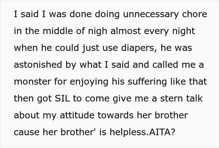 Text post describing a wife frustrated with cleaning after husband who refuses to use diapers or catheter, impacting her chores. Text post describing a wife frustrated with cleaning after husband who refuses to use diapers or catheter, impacting her chores.