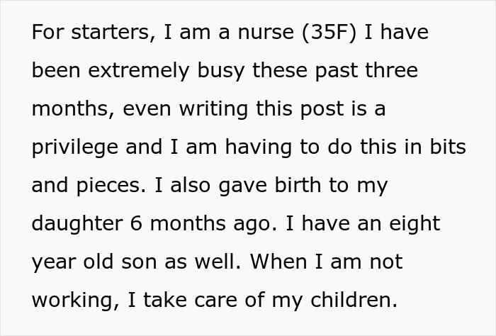 Text excerpt from a nurse explaining being busy while caring for an eight-year-old son and a newborn daughter. Text excerpt from a nurse explaining being busy while caring for an eight-year-old son and a newborn daughter.
