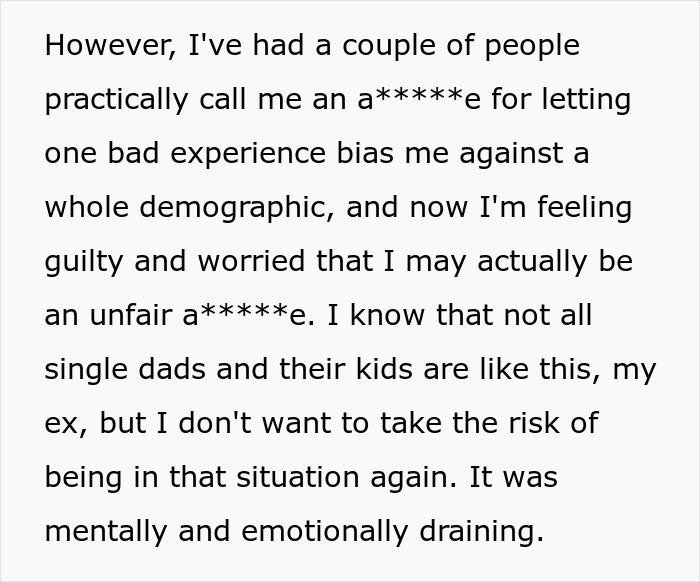Text excerpt about feeling guilty for judging single dads, deciding not to date men with kids due to emotional strain. Text excerpt about feeling guilty for judging single dads, deciding not to date men with kids due to emotional strain.