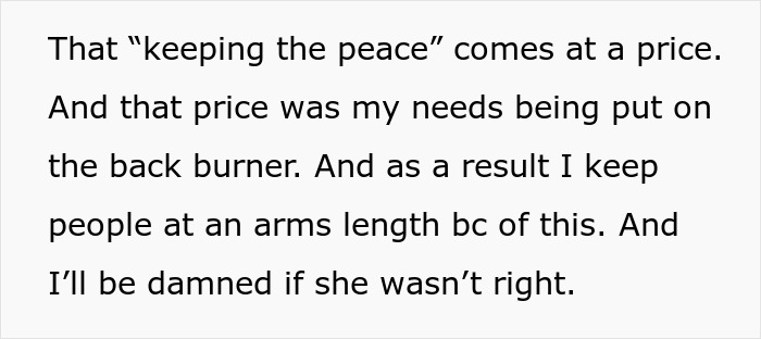 Text excerpt discussing the emotional cost of keeping the peace and the sister revealed dead brother lie impact.