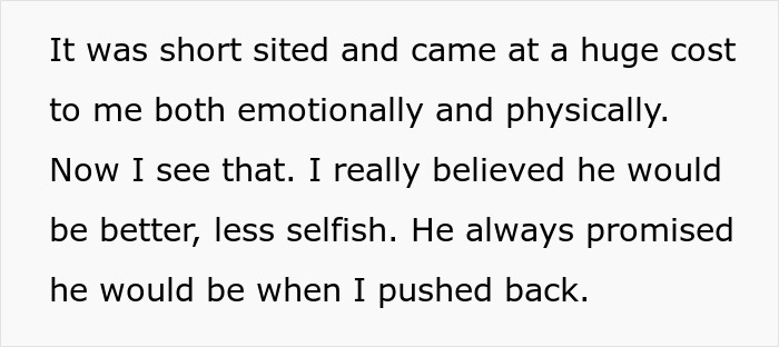 Text on a white background describing emotional and physical cost with selfish behavior, reflecting on a small financial favor from millionaire boyfriend. Text on a white background describing emotional and physical cost with selfish behavior, reflecting on a small financial favor from millionaire boyfriend.