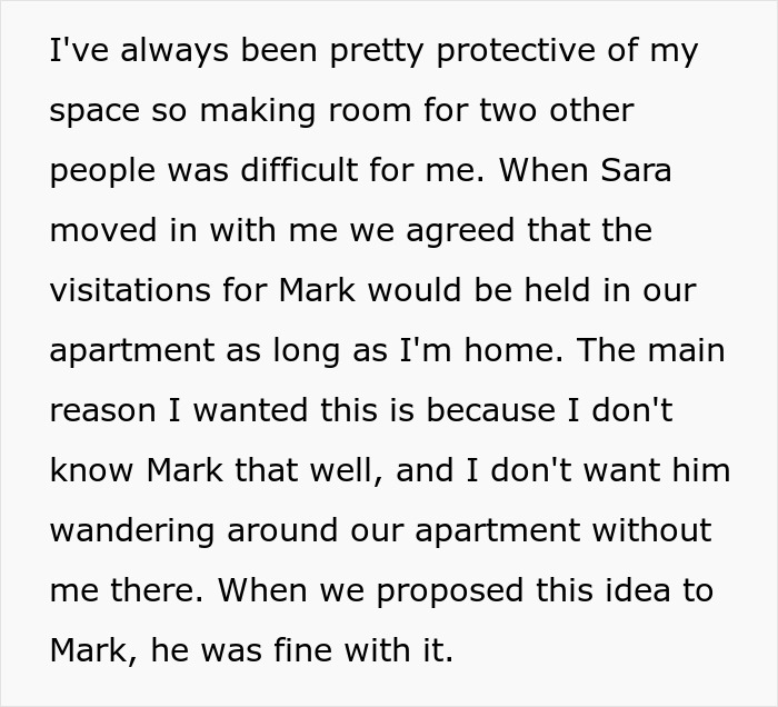 Text excerpt about a man setting visitation rules for his girlfriend’s son to protect his living space and maintain control. Text excerpt about a man setting visitation rules for his girlfriend’s son to protect his living space and maintain control.