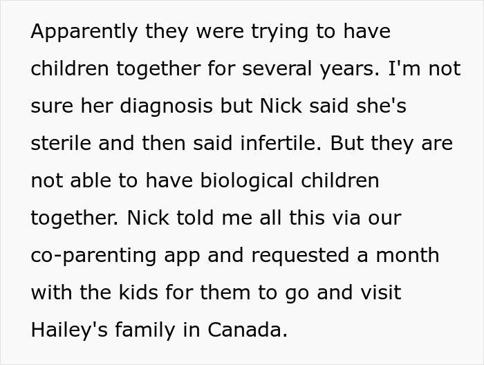 Text excerpt discussing struggles with infertility and co-parenting involving biological children and stepmoms.