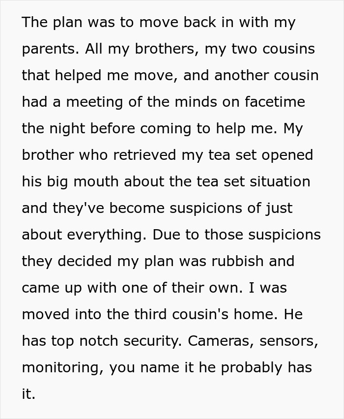 Text excerpt discussing a man’s plan derailed after his brother revealed info about the tea set, causing suspicion around the situation. Text excerpt discussing a man’s plan derailed after his brother revealed info about the tea set, causing suspicion around the situation.