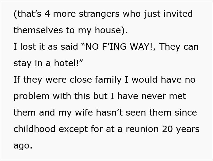 Text excerpt showing frustration of husband sick of hosting distant relatives who don’t express thanks or stay politely. Text excerpt showing frustration of husband sick of hosting distant relatives who don’t express thanks or stay politely.